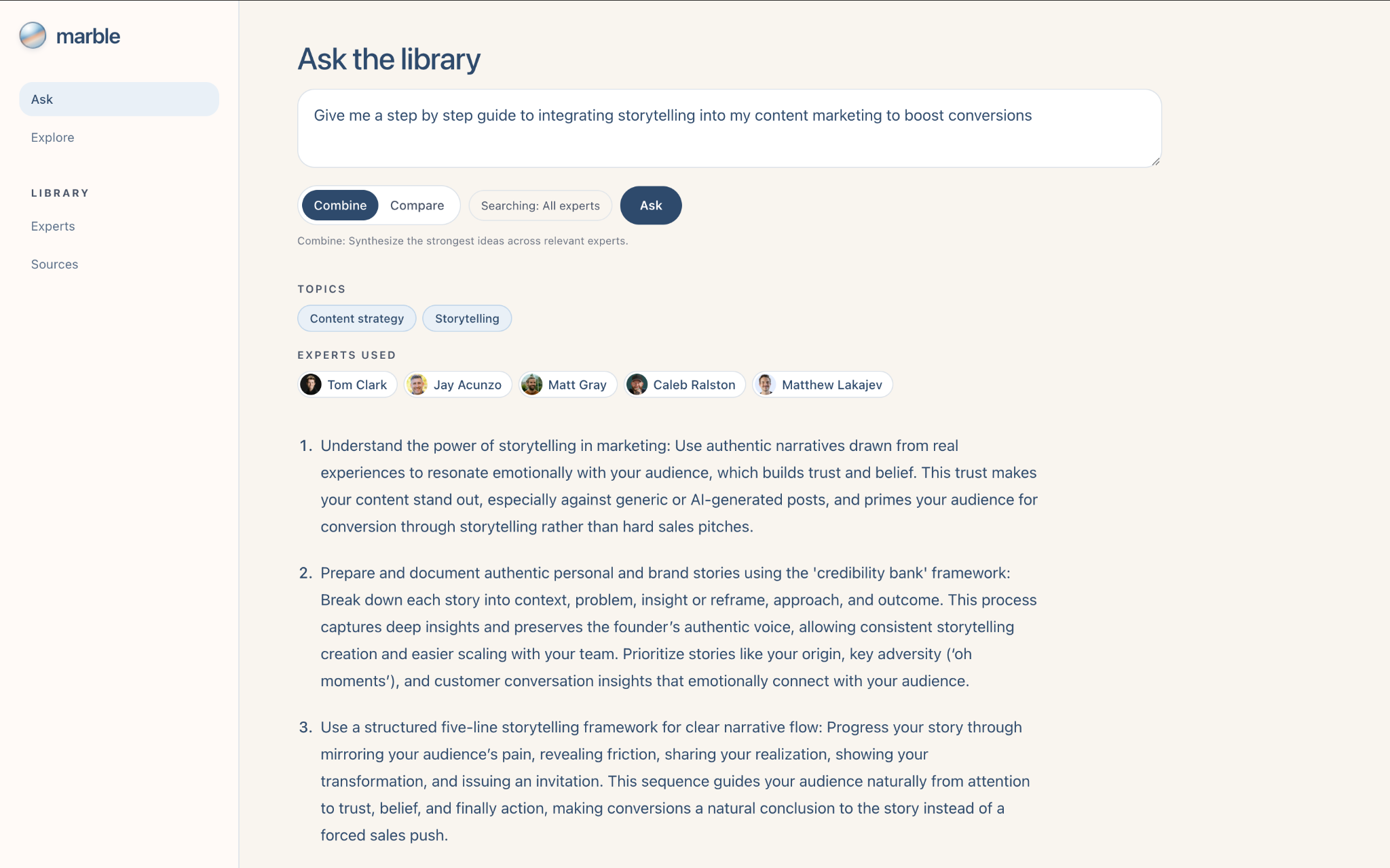 Marble answer screen showing a synthesized response from several experts