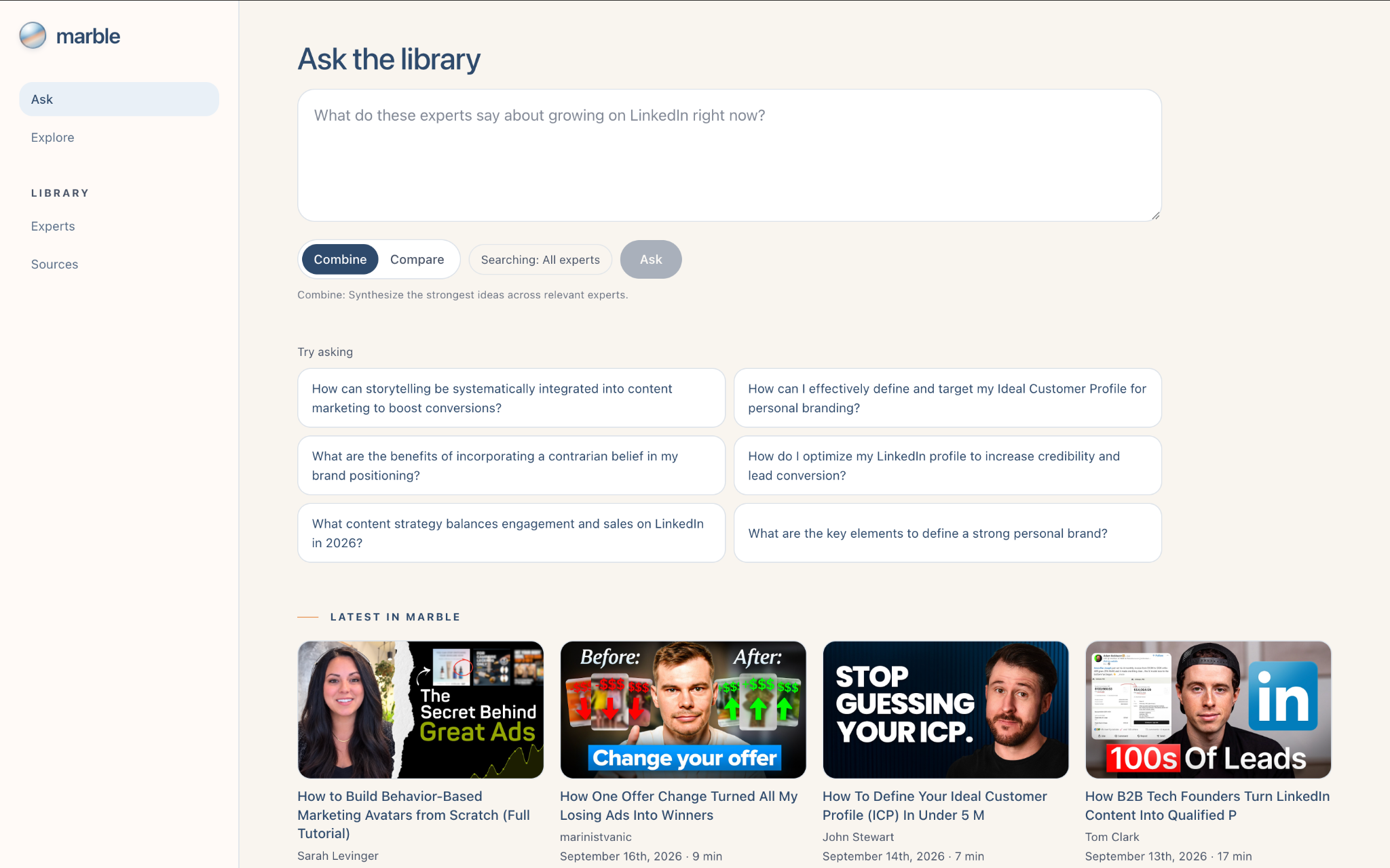 Marble library home with suggested questions and recent content
