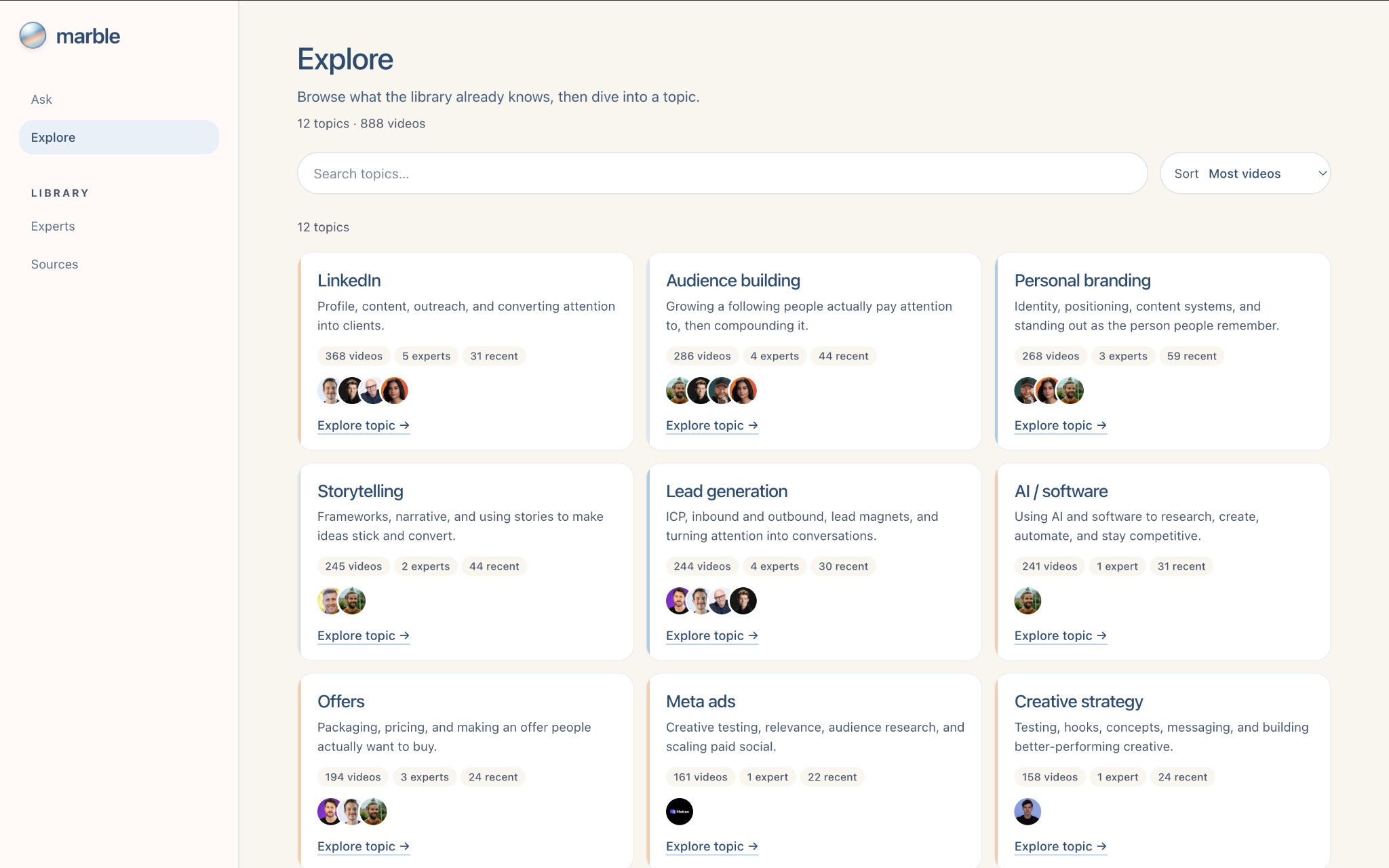 Marble topic explorer showing searchable topic cards